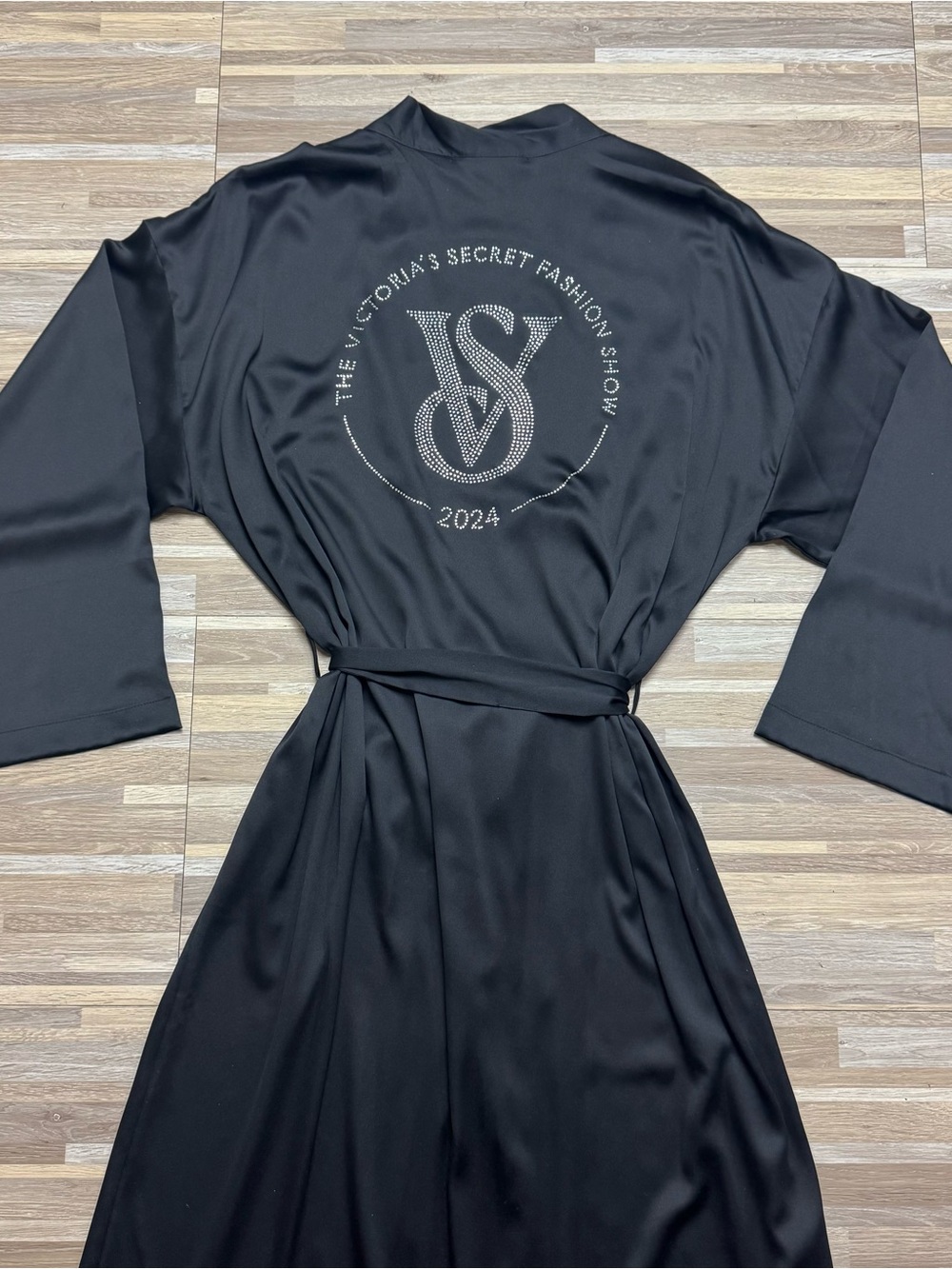 Victoria's Secret Black Satin Robe with Rhinestone VS Logo